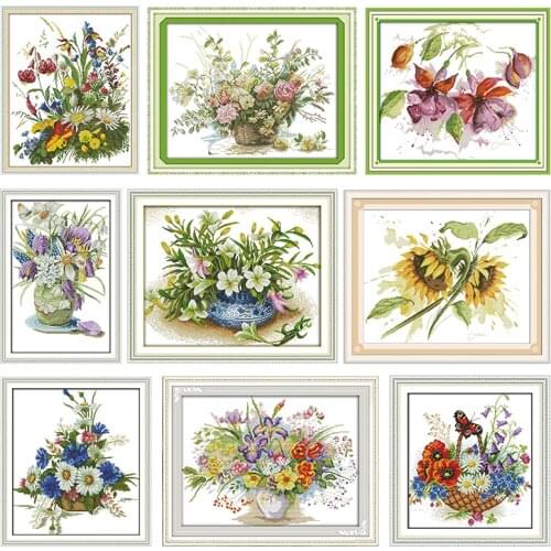 Embroidery Needlework Handmade Chrysanthemum Flower Basket Cross Stitch Kit 11CT 14CT Counted Printed Stamped Patterns Decor Set