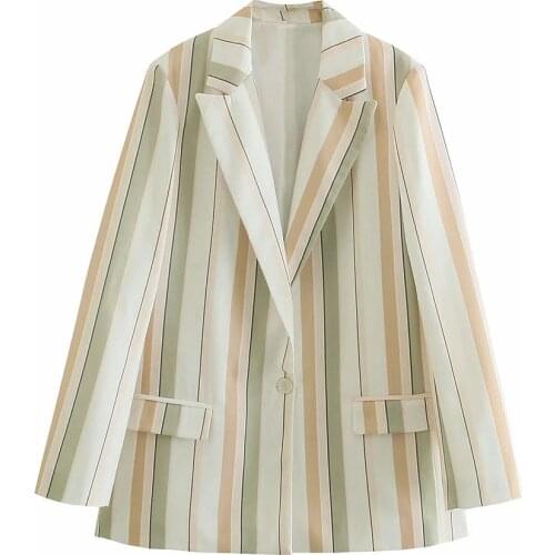 Xikom 2021 Women Elegant Cotton Color Stripes Long Sleeve Suit Female Vintage Loose Office Lady Single Button Blazer Casual Top