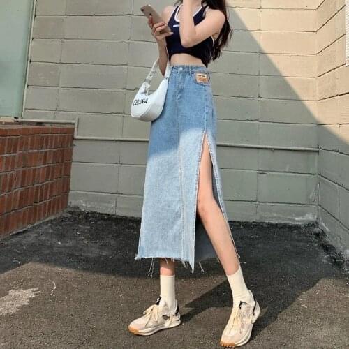 Hem Single Slits Zipper A-Line Womens Summer Demin Skirt Large Size Streetwear Casual Skirts with High Waist Young Style