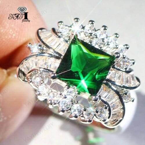 YaYI Jewelry Fashion Princess Cut Prong Setting Green Cubic Zirconia Silver Color Engagement Wedding Party Leaves Gift Rings