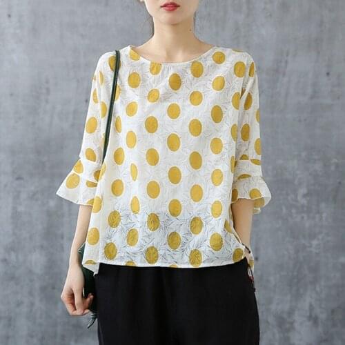 Johnature Leisure Retro Patchwork Polka Dot O-neck Flare Sleeve Irregular Shirt 2021 Summer New Simple Comfortable Women Tops