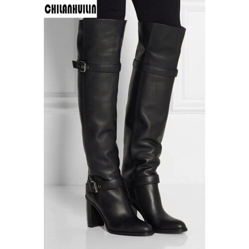 Plus size fashion autumn winter warm short plush boots women over the knee high heels boots black leather female high heel shoes