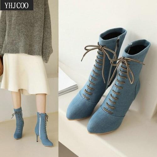 2020 Fashion Warm Winter Denim Ladies Pointed Toe Ankle Boots for Women Lace Up Zipper Women Boots Sexy High Heels Shoes Size 43