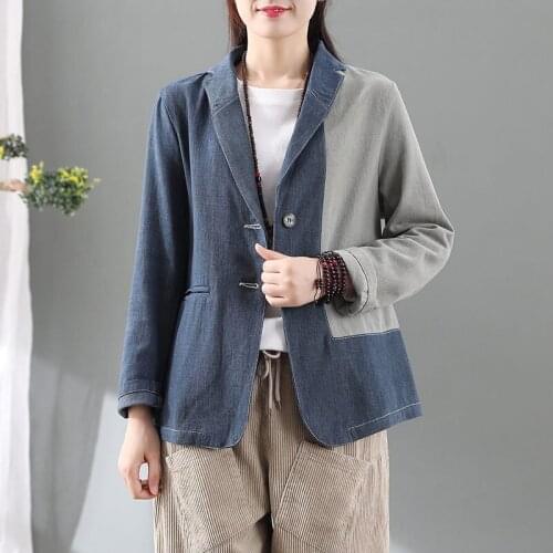 Retro Art Denim Stitching Blazer Short Jacket Female Spring And Autumn Loose Suit Collar Long Sleeve Top Cotton Shirt Coat Y552