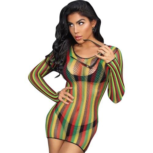 S-XXL Womens Sexy Rainbow Fishnet Dress - Hollow Out Knitted See Through Mesh Swimwear Dress Crochet Bikini Cover