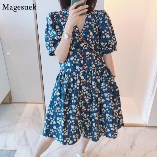 French Floral Dress Women Vintage High Waist V-neck A-line Summer Dresses Single Breasted Print Short Sleeve Loose Dress 14501