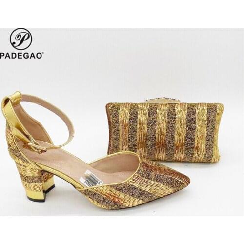 Gold italian shoes with matching bags 8CM african shoes and bags matching set for party italian shoes and bags set