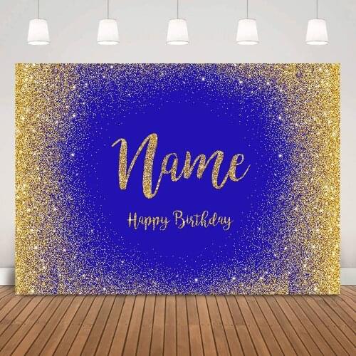 Gold Glitter Happy Birthday Backdrop Customize Personalize Birthday Party Banner Background Blue DIY Photography Backdrops