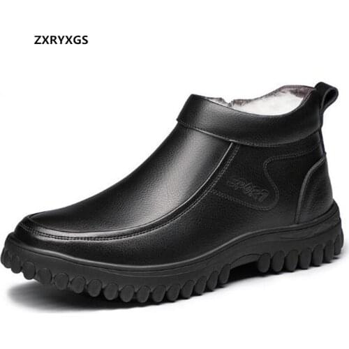 ZXRYXGS Winter Mens Boots Warm Shoes Winter Thickened Wool Boots Flat Non-slip Mens Shoes Casual Genuine Leather Boots Black