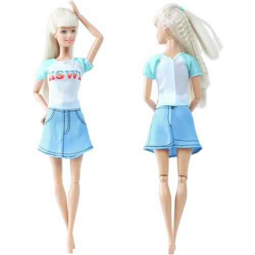 BJDBUS 1 Set Blue Doll Dress Summer Letter Shirt Party Skirt Mini Gown Casual Wear Clothes for Barbie Doll DIY Accessories Toys