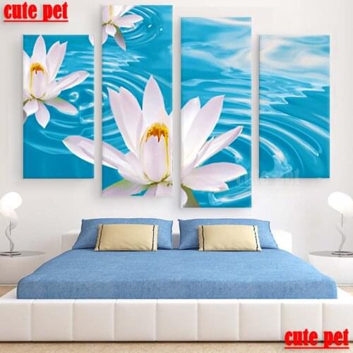 4PCS Cross Stitch Flowers Lotus Art Diy Diamond Painting rhinestone Diamond Embroidery diamond Pictures mosaic painting Decor