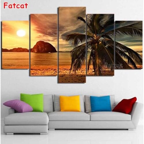 5d Diamond Paintings cross stitch Posters 5 Pieces Tropical Beach Palm Trees Sunset Seascape multi-Pictures Home Decor PP2116