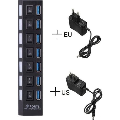 7-Port 5G Mbps High Speed USB 3.0 Hub with Independent ON/OFF Switch LED Indicator Black And 1A US EU Charger