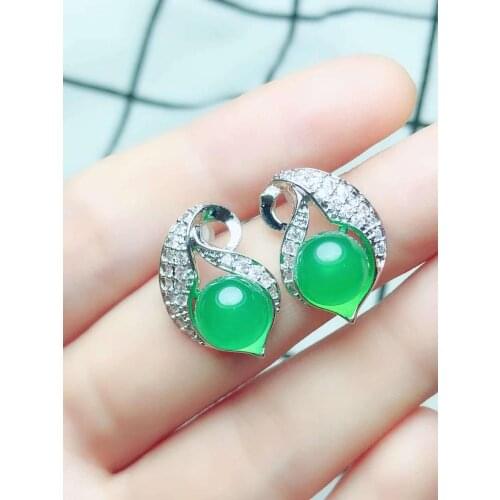 925 Silver Natural Ice Green Emerald Agate Earrings Women