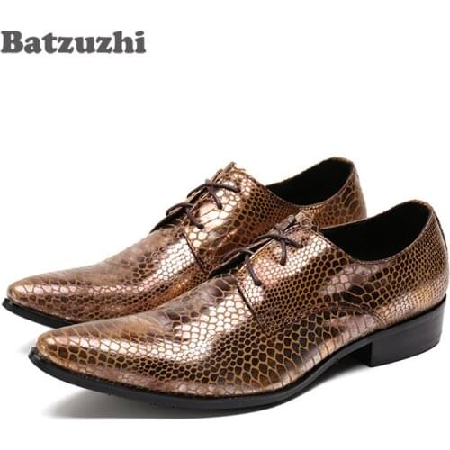 Batzuzhi Italy Type Brand New Men Dress Shoes Lace up Snakeskin Pattern Genuine Leather Wedding Shoes Men Office Suit Shoes, 46