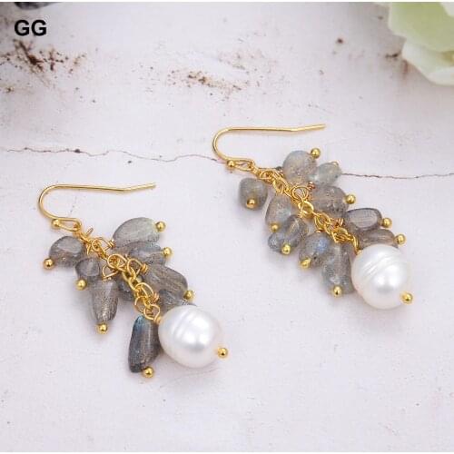 GuaiGuai Jewelry Natural Labradorite Cultured White Rice Pearl Dangle Hook Earrings