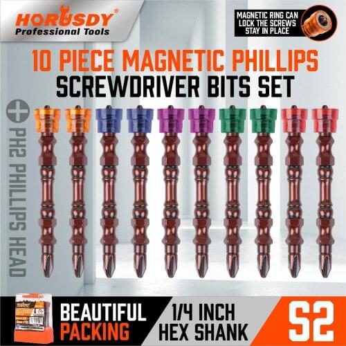 HORUSDY 2021-New 10pcs magnetic Phillips screwdriver bits set PH2 Phillips head 1/4 inch hex shank storage box arrangenent