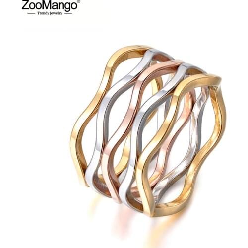 ZooMango Creative Jewelry Ring Multicolor Wave Shape Multilayer Titanium Steel Engagement Wedding Ring For Women Anneau ZR17055
