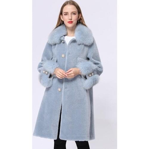 Shearling Jacket Long Fox Fur Collar Women Sheep Fur Coat Woolen Outerwear MSJ-SC-02