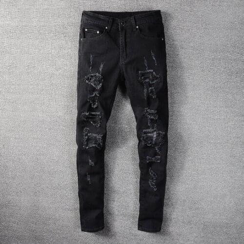 American Street Style Fashion Men Jeans Black Elastic Slim Fit Punk Ripped Jeans For Men Patches Designer Hip Hop Denim Pants