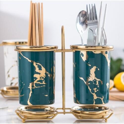 Nordic Luxury Ceramic Marble Pattern Chopsticks Tube Home Emerald Luxury Phnom Penh Drain Chopsticks Rack Kitchen Storage Bucket