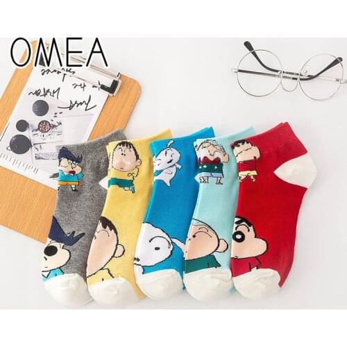 OMEA Crayon Cartoon Socks Women 5 Pairs Spring Sock Slipper Silica Gel Non-Slip Invisible Socks Cotton Breathable No Show Socks