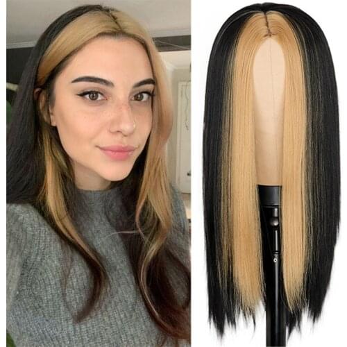 Black Long Straight Wig For Women Both sides brown Hair Middle Part Heat Resistant Wavy Cosplay Wig For Girl
