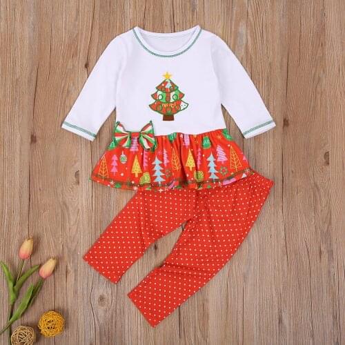 Toddler Baby Girls Christmas Outfits Sets Round Neck Long Sleeve Patchwork Ruffle Top + Polka Dots Pant 2 Piece Set
