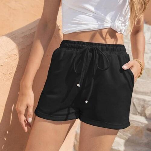 Summer Loose Shorts Women Casual High Waist Folded Shorts Ladies Elastic Waist Cuffs Solid Women Lace-Up Shorts