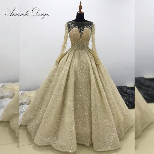 Amanda Design robe de bal Long Sleeve Beading Champagne Wedding Dress Luxury