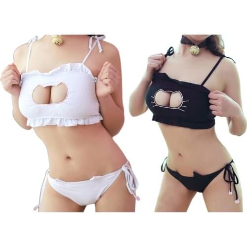Women Cosplay Cat Hollow Keyhole Bra With Briefs Lingerie Underwear Set With Necklace Lady Female Sexy Underwear Suit