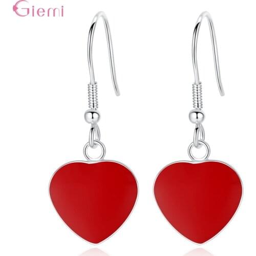 Popular Trendy 925 Sterling Silver Red Color Heart Pendant Drop Earring Femal Women Gift Jewelry Heart Earrings