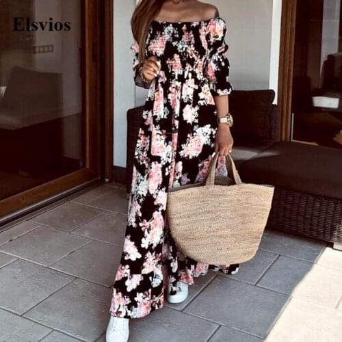 Elegant Lady Floral Print Boho Long Dress 2021 Casual Autumn Fashion Ruffle Beach Dress Women Summer Off Shoulder Party Dresses