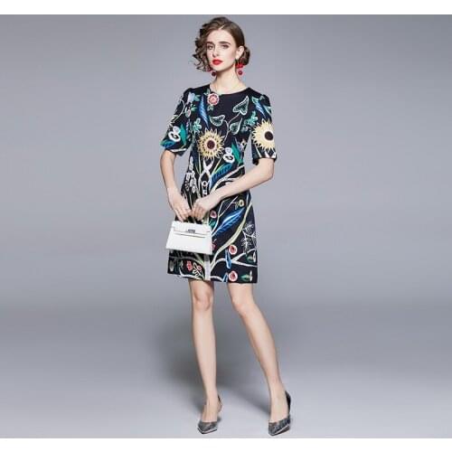 Summer Fashion Runway Mini Dress Womens Short Sleeve Zipper Beading Floral Print A Line Elegant Short Dresses k6616