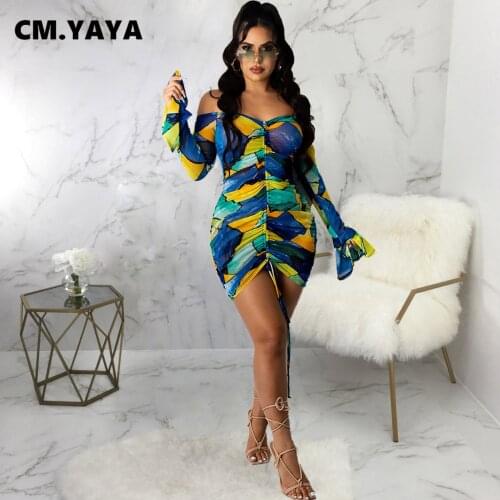 CM.YAYA Women Mini Dress Print Full Flare Sleeve Slash Neck Shirring Skinny Dresses Sexy Fashion Vestidos Autumn Outfits 2021