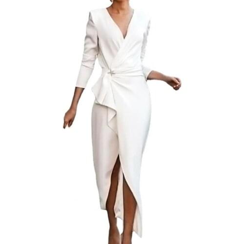 Front Twist Drape Formal Dress Solid Color V Neck Wrap Front Split Midi Dress Ladies Clothing Elegant dresses for women 2021 xxl