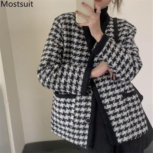 Winter Vintage Thick Houndstooth Women Coat 2021 Autumn Winter V-neck Single-breasted Korean Elegant Female Jacket Tops Femme
