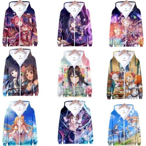 Winter Mens Jackets and Coats Anime Princess Connect Re Dive 3D Hoodie Fleece Zipper Hooded Sweatshirt Outerwear Cosplay Costume