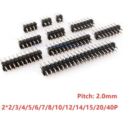 10PCS/Lot 2.0mm Male Header Pins 2*2/3/4/5/6/7/8/10/12/14/15/20/40P 2mm Double Row Pin Header Strip Connector Gold-plated copper