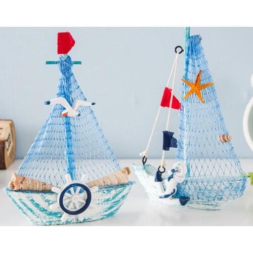 15CM Marine Nautical Creative Sailboat Mediterranean Style Wooden Blue SailBoat Room Garden Decor Figurines Small Boat Ornament