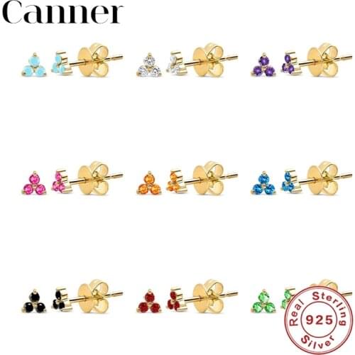 Canner 100% 925 Sterling Silver Stud Earrings For Women Colorful Lucky Stone CZ Earings Piercing Pendientes Plata 925 Aretes W5