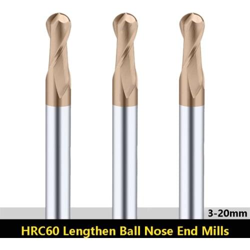 HRC60 Carbide Ball Nose End Mills R1.5 R2 R3 R10 2 Flutes Lengthened Round Cutting Milling 75 100 150L CNC Center Tools Endmill