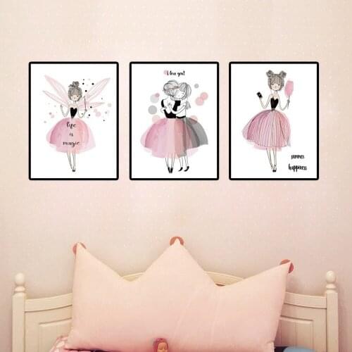 Cartoon Pink Dancing Girl Paris Tower Canvas Painting Cute Warm Childrens Room Orincess Dream Kindergarten Wall Art Decoration