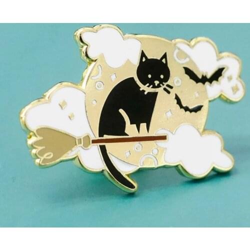 Kawaii Cute Witch Broomstick Cat Hard Enamel Pin Cartoon Night Magic Broom Wizard Badge Brooch Lapel Fashion Jewelry Unique Gift