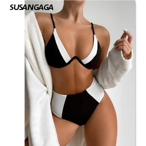 High Waist Bikinis Swimsuit Women 2021 Push Up Swimwear Patachwork Biquini Triangle Bikini Set Ribbed Bathing Suits Beachwear