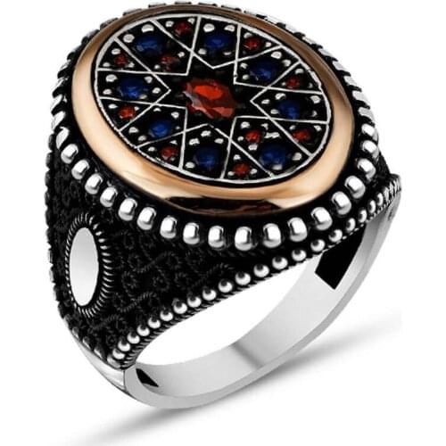 Men Silver Ring With Mini Blue Red Zircon Stone Modern Gifts Made In Turkey Solid 925 Sterling Silver