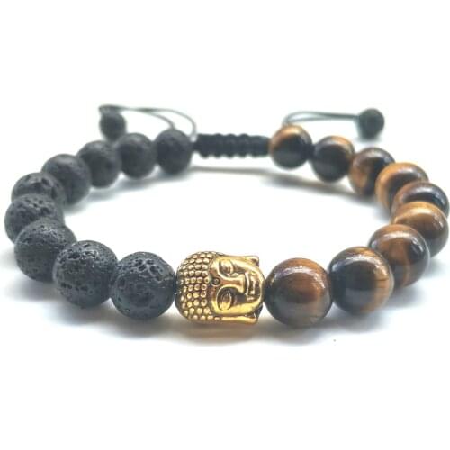 Mens Fashion Lucky Bracelet Buddha Head Tiger Eye Lava Rock 8mm Stone Beads Strand Charm Bracelet & Bangle jewelry