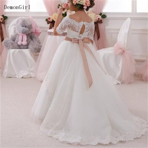 New Flower Girl Dress For Wedding Off the Shoulder Appliques Half Sleeves First Communion Gowns Vestidos Longo