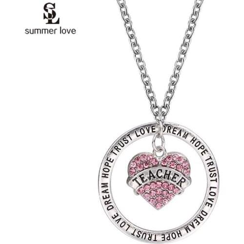 New Faith Jewelry Dream Hope Trust Pendant Necklace Women Pink White Crystal Rhinestone Heart Necklace Best Teachers' Gifts