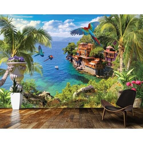 Papel de parede Caribbean Coastal Town sea trees 3d landscape wallpaper,living room kitchen bedroom wall papers home decor mural